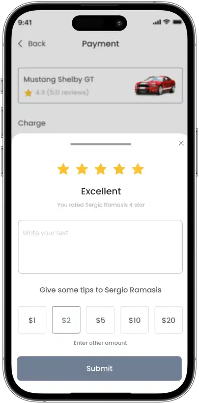 Payment and rating screen after trip