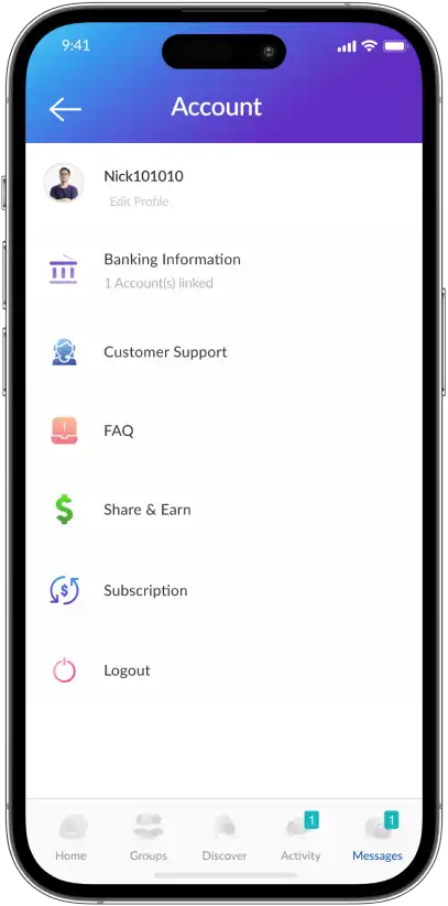 user account screen