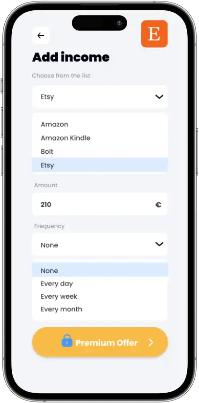 Earnify add income amount and frequency screen