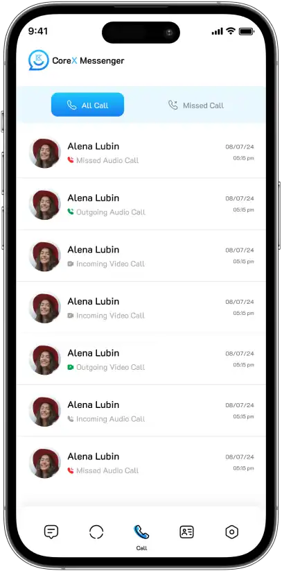 CoreX Messenger call history screen
