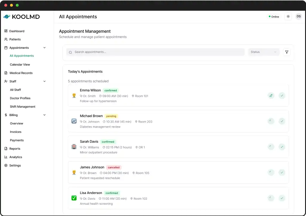 Appointment management screen