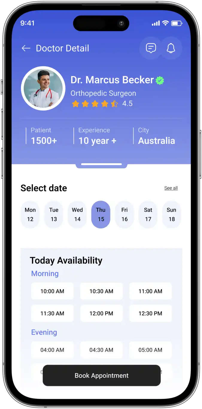 Doctor profile and slot booking screen - healthcare appn development