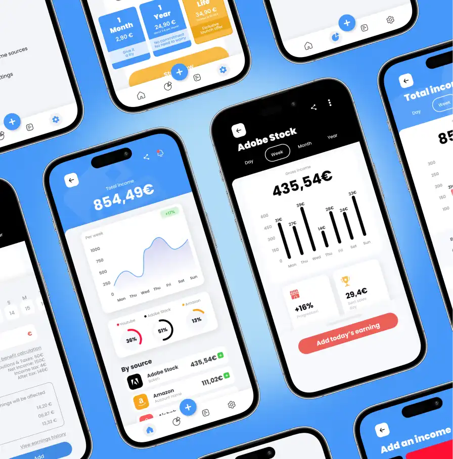 Earnify iPhone income tracking app UI screens