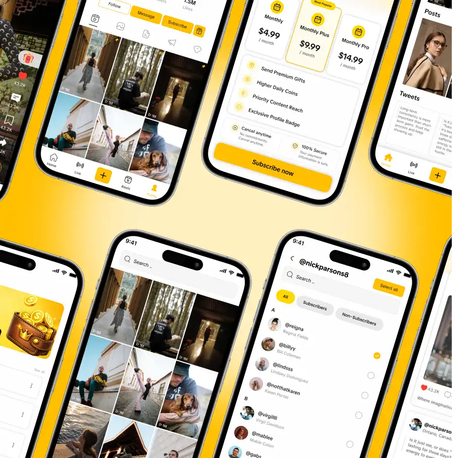 Pudym creator monetization platform screens — wallets, live streaming, Creator Studio