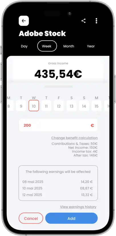 Earnify earnings edit and history screen