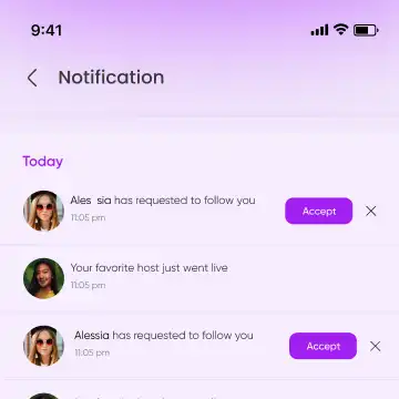 BubiTalk notifications with follow requests and live activity alerts
