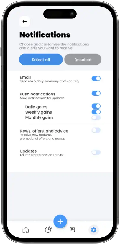 Earnify notification preferences screen