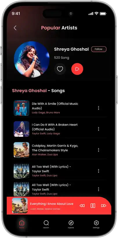 JanZone Music artist songs screen