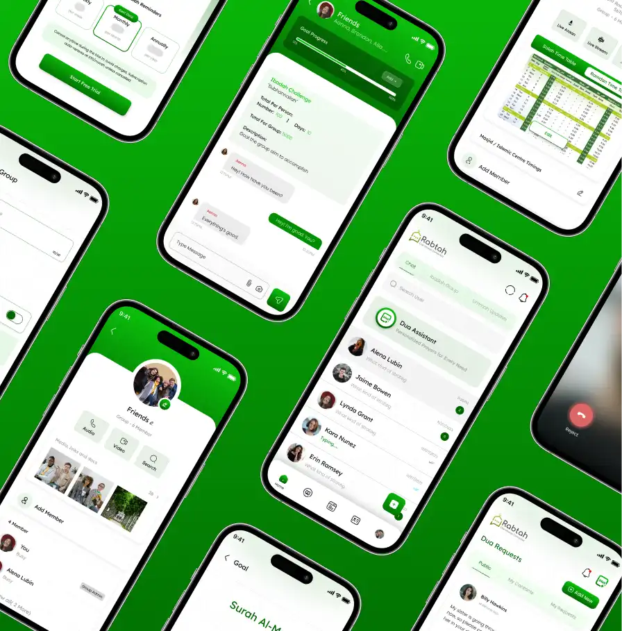 Rabtah Islamic community chat app screens — groups, Dua Assistant, live Azaan