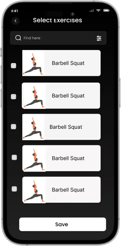 Exercise selection screen