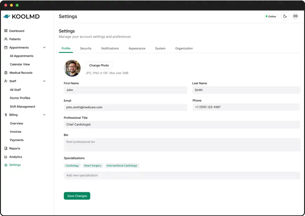 EMR settings screen